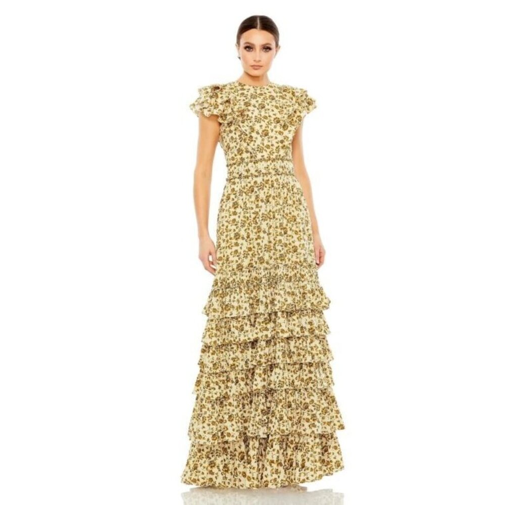 Mac Duggal Womens Floral Ruffled Special Occasion Evening Dress Gown 70114
